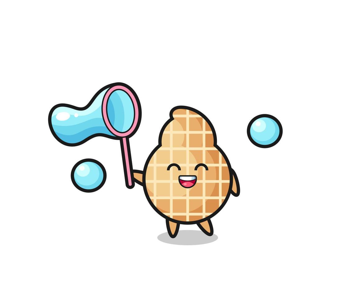 happy peanut cartoon playing soap bubble vector