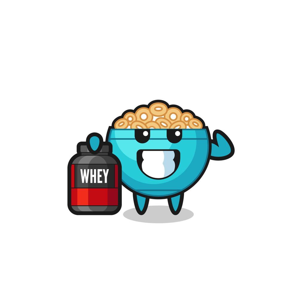 the muscular cereal bowl character is holding a protein supplement vector