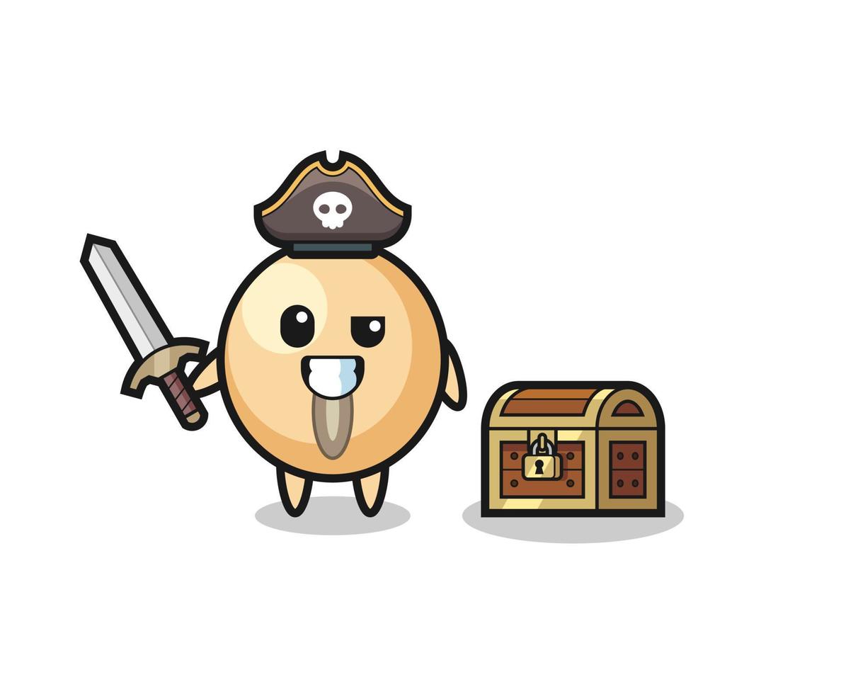 el personaje pirata de soja sosteniendo una espada al lado de una caja del tesoro vector