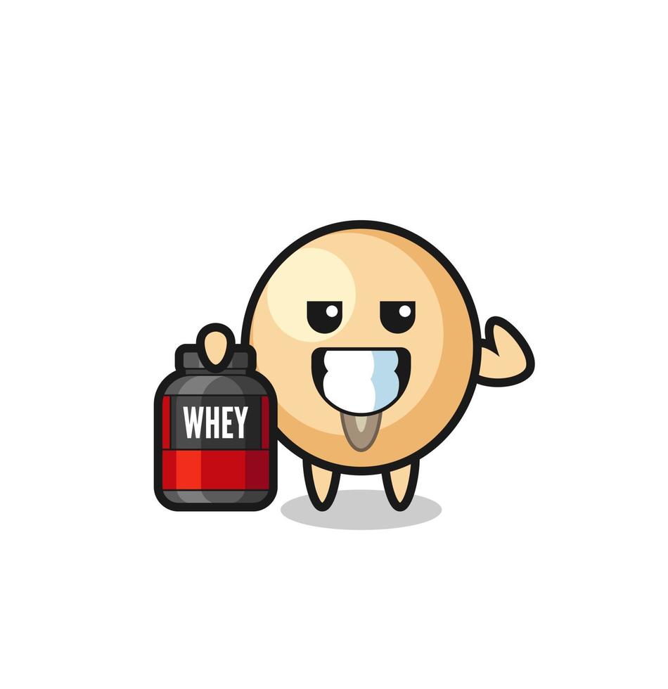 the muscular soy bean character is holding a protein supplement vector