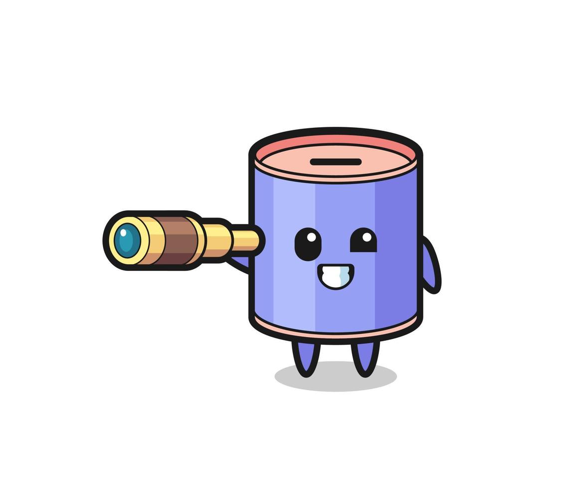 cute cylinder piggy bank character is holding an old telescope vector