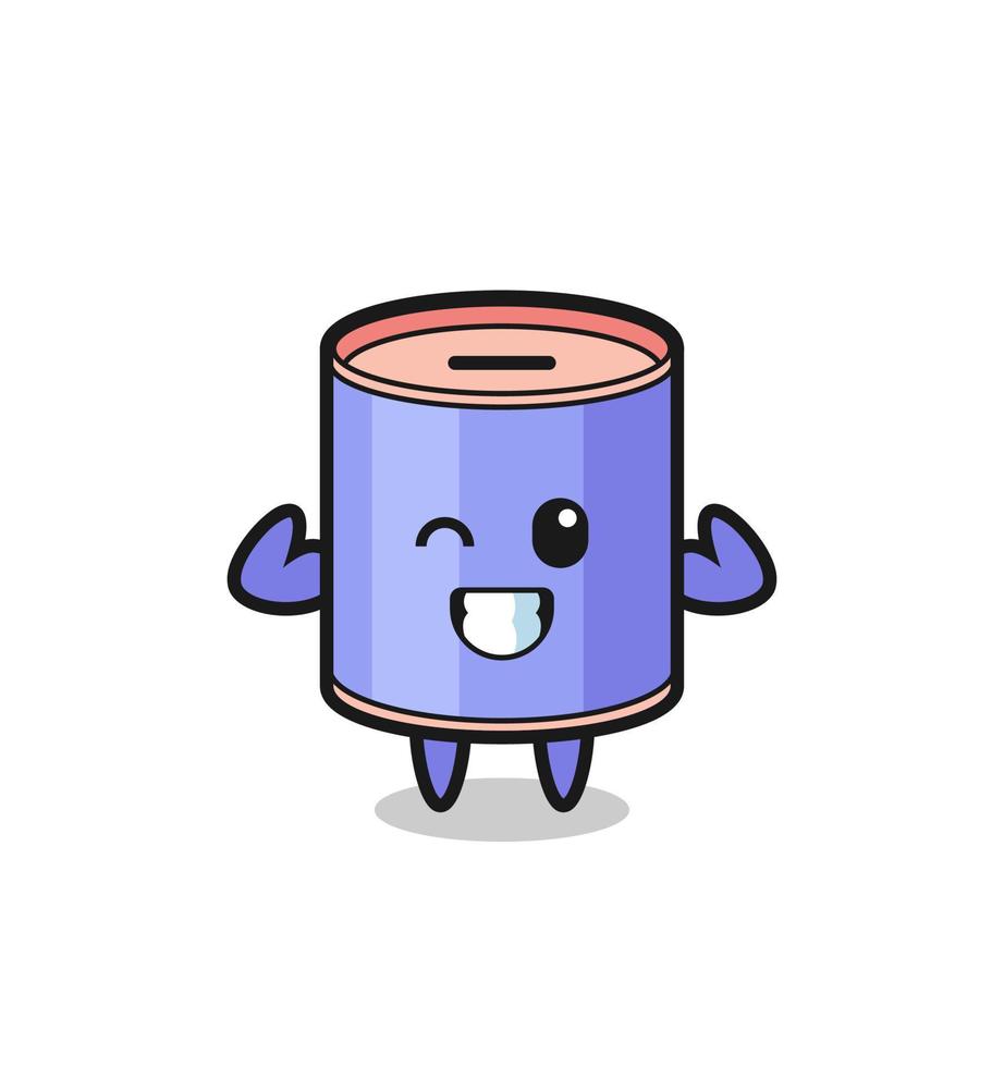 the muscular cylinder piggy bank character is posing showing his muscles vector