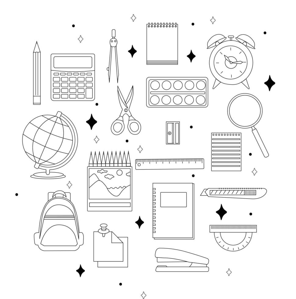 School supplies coloring book design, School supplies illustration, back to school line art illustration. vector