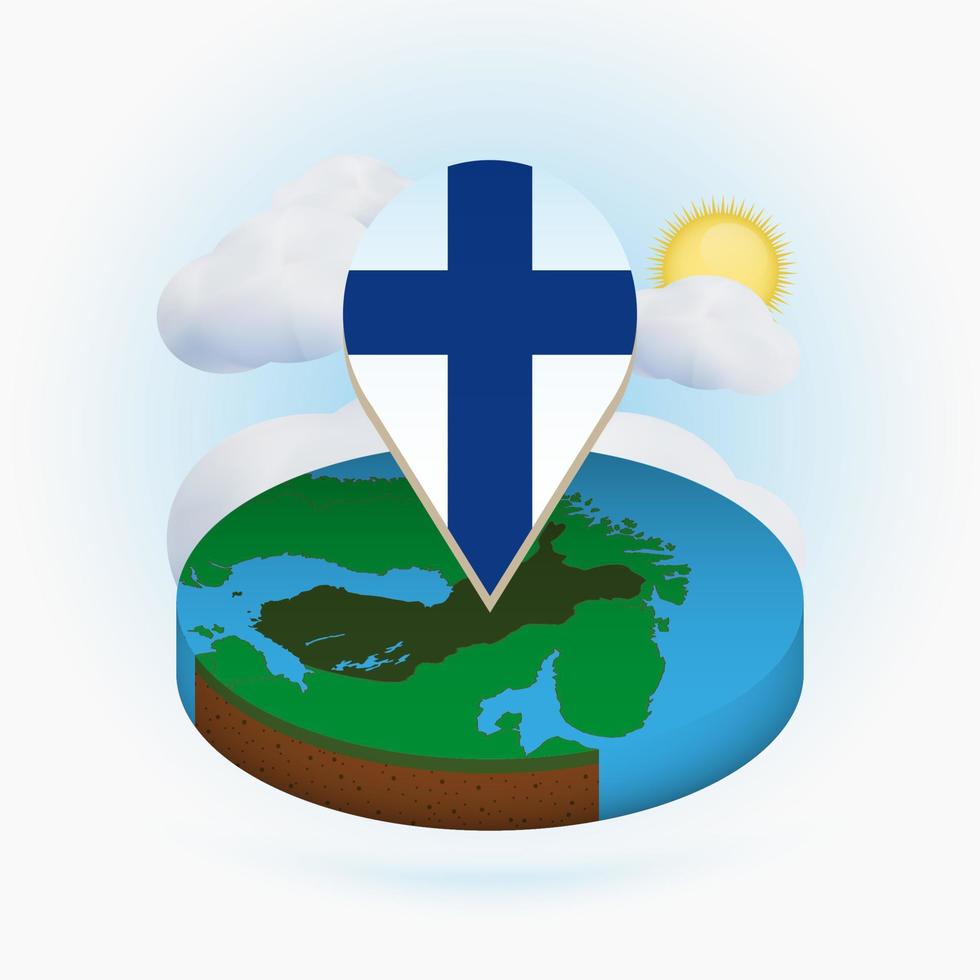 Isometric round map of Finland and point marker with flag of Finland. Cloud and sun on background. vector