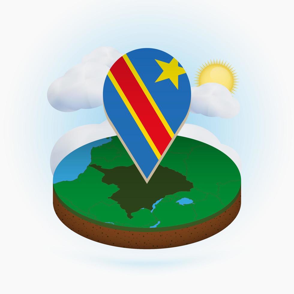 Isometric round map of DR Congo and point marker with flag of DR Congo. Cloud and sun on background. vector