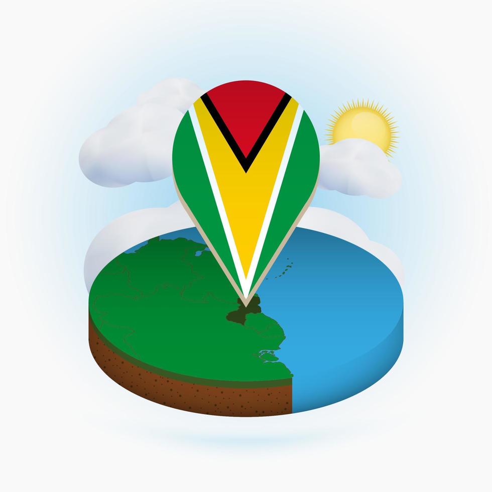 Isometric round map of Guyana and point marker with flag of Guyana. Cloud and sun on background. vector