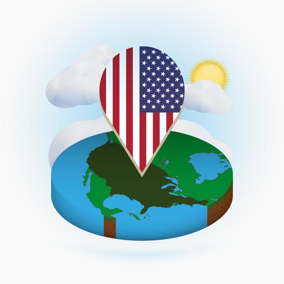 Isometric round map of USA and point marker with flag of United States. Cloud and sun on background. vector