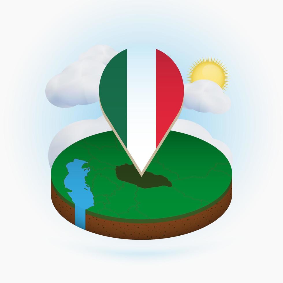 Isometric round map of Hungary and point marker with flag of Hungary. Cloud and sun on background. vector