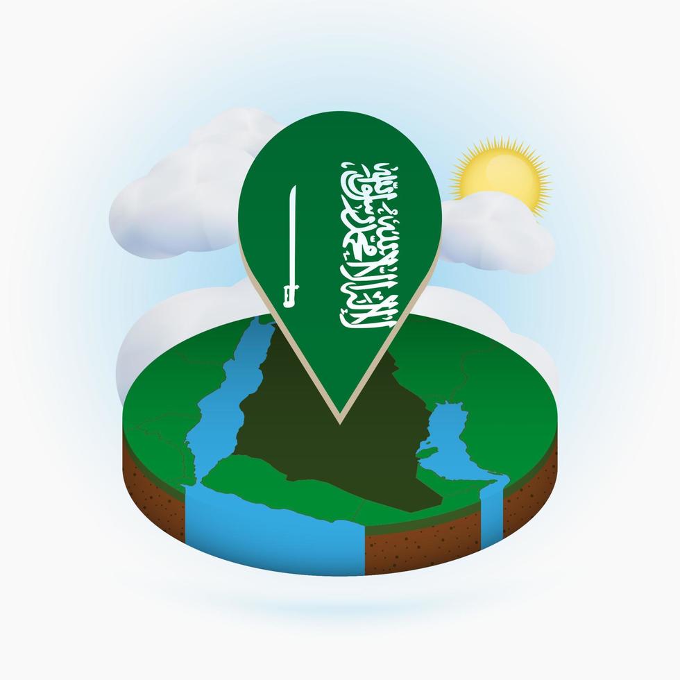 mapa redondo isométrico de arabia saudita y marcador de puntos con bandera de arabia saudita. nube y sol en el fondo. vector