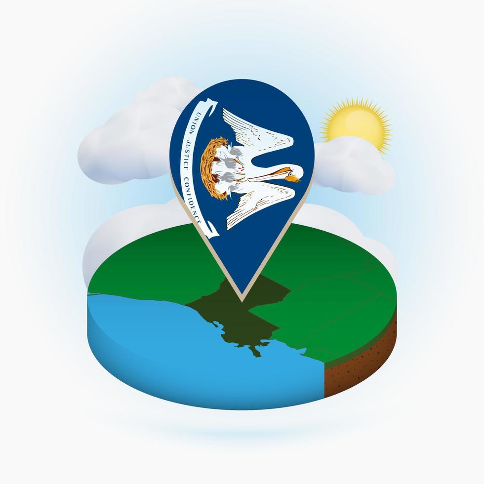 mapa redondo isométrico del estado de luisiana y marcador de puntos con bandera de luisiana. nube y sol en el fondo. vector