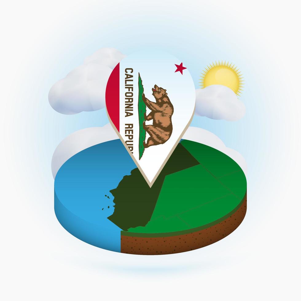 mapa redondo isométrico del estado estadounidense de california y marcador de puntos con bandera de california. nube y sol en el fondo. vector