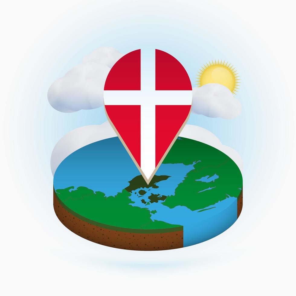 Isometric round map of Denmark and point marker with flag of Denmark. Cloud and sun on background. vector