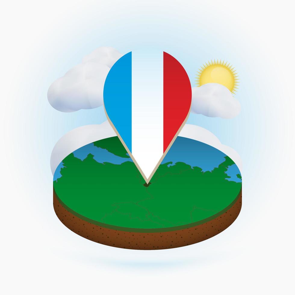 mapa redondo isométrico de luxemburgo y marcador de puntos con bandera de luxemburgo. nube y sol en el fondo. vector