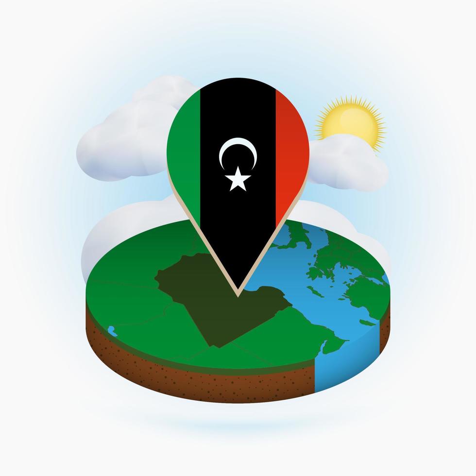 Isometric round map of Libya and point marker with flag of Libya. Cloud and sun on background. vector