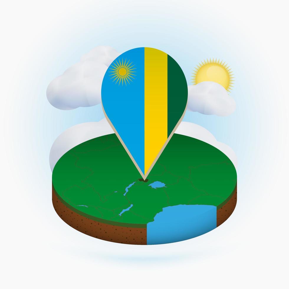 Isometric round map of Rwanda and point marker with flag of Rwanda. Cloud and sun on background. vector