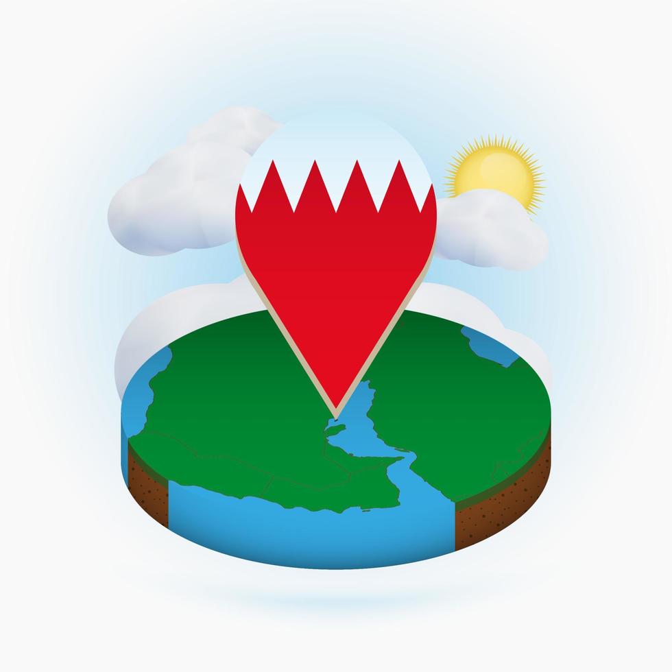 Isometric round map of Bahrain and point marker with flag of Bahrain. Cloud and sun on background. vector