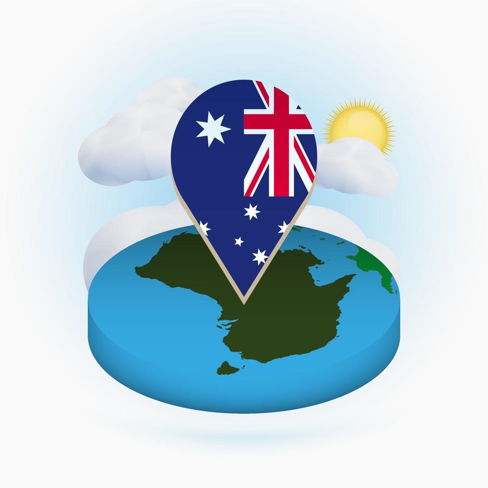 Isometric round map of Australia and point marker with flag of Australia. Cloud and sun on background. vector