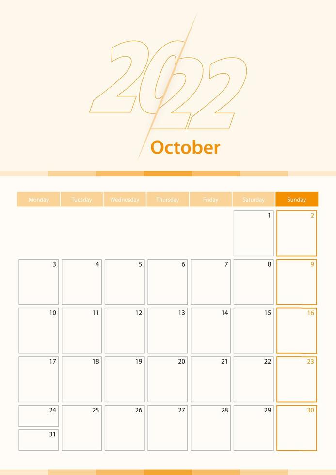 Modern vector vertical calendar sheet for October 2022, planner in English.