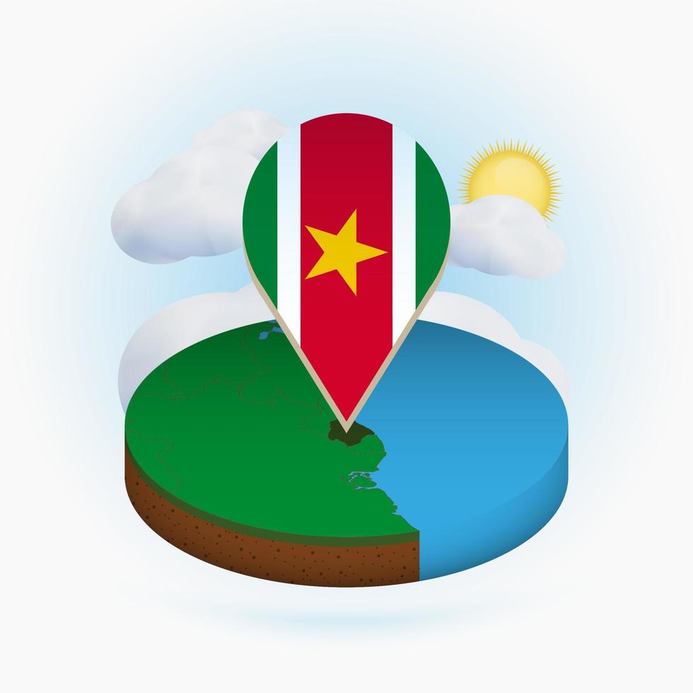 Isometric round map of Suriname and point marker with flag of Suriname. Cloud and sun on background. vector