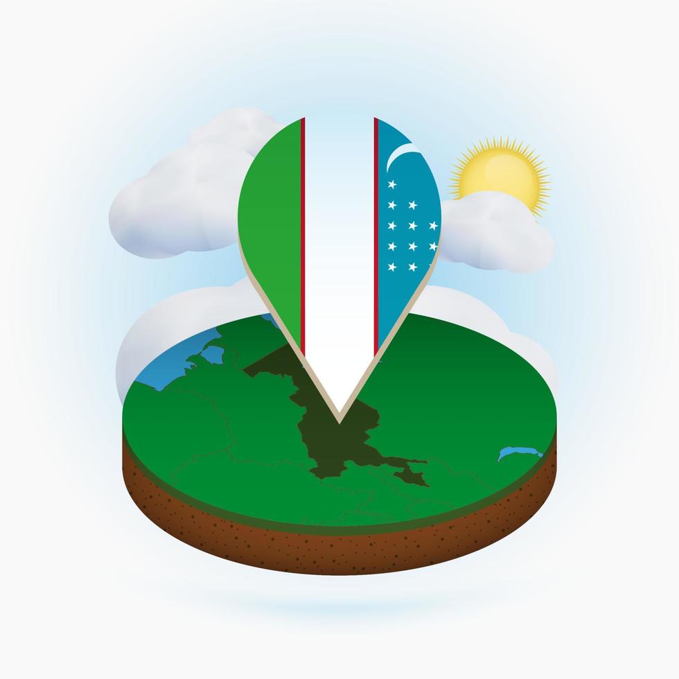 Isometric round map of Uzbekistan and point marker with flag of Uzbekistan. Cloud and sun on background. vector