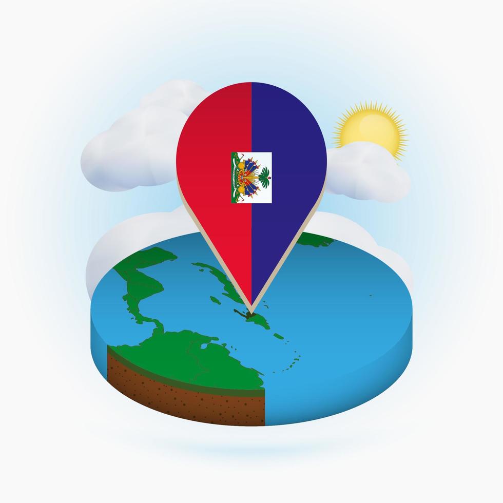 mapa redondo isométrico de haití y marcador de puntos con bandera de haití. nube y sol en el fondo. vector