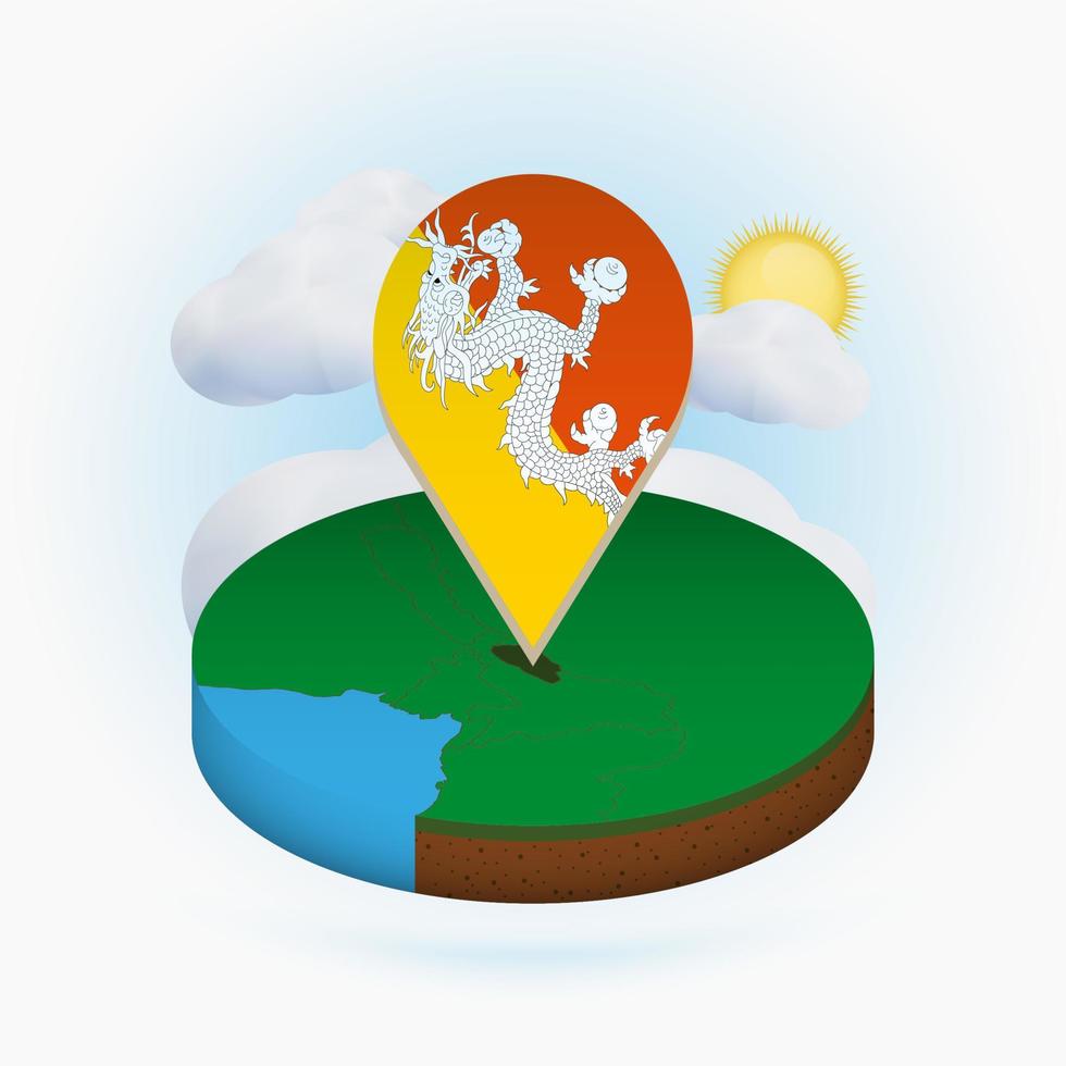 Isometric round map of Bhutan and point marker with flag of Bhutan. Cloud and sun on background. vector