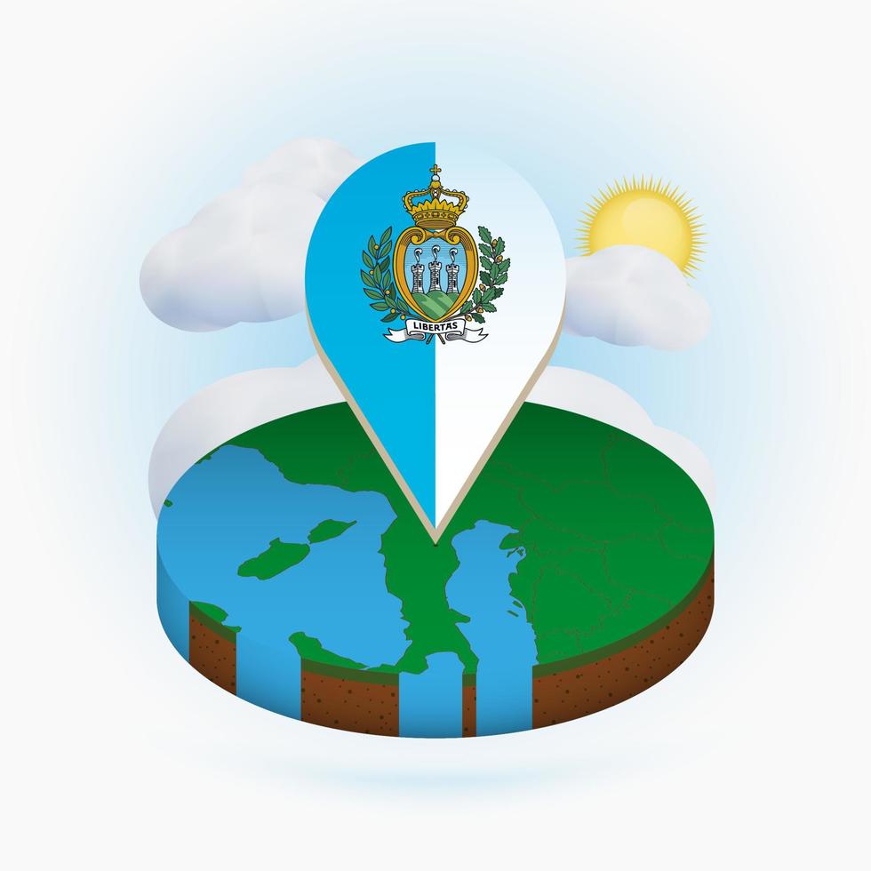 mapa redondo isométrico de san marino y marcador de puntos con bandera de san marino. nube y sol en el fondo. vector