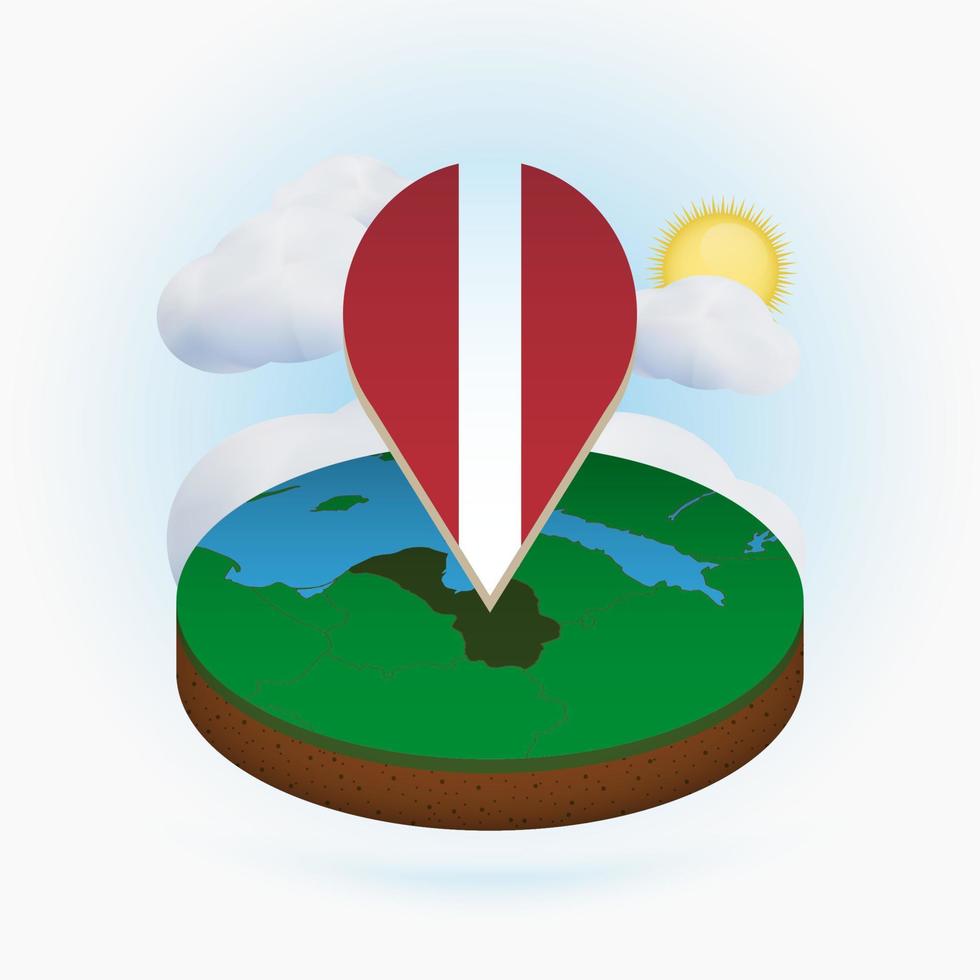 Isometric round map of Latvia and point marker with flag of Latvia. Cloud and sun on background. vector