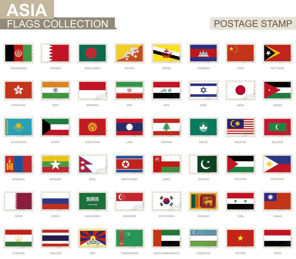 sello postal con banderas de asia. conjunto de 62 banderas asiáticas. vector