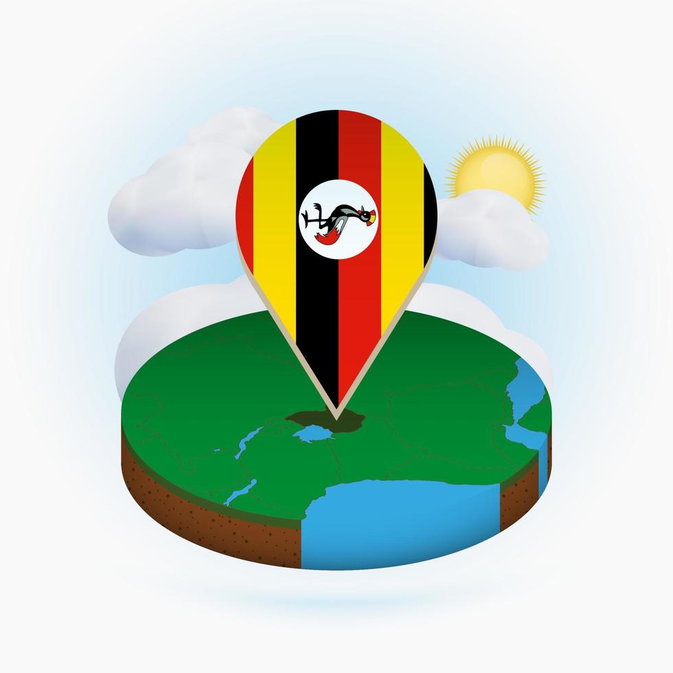 Isometric round map of Uganda and point marker with flag of Uganda. Cloud and sun on background. vector