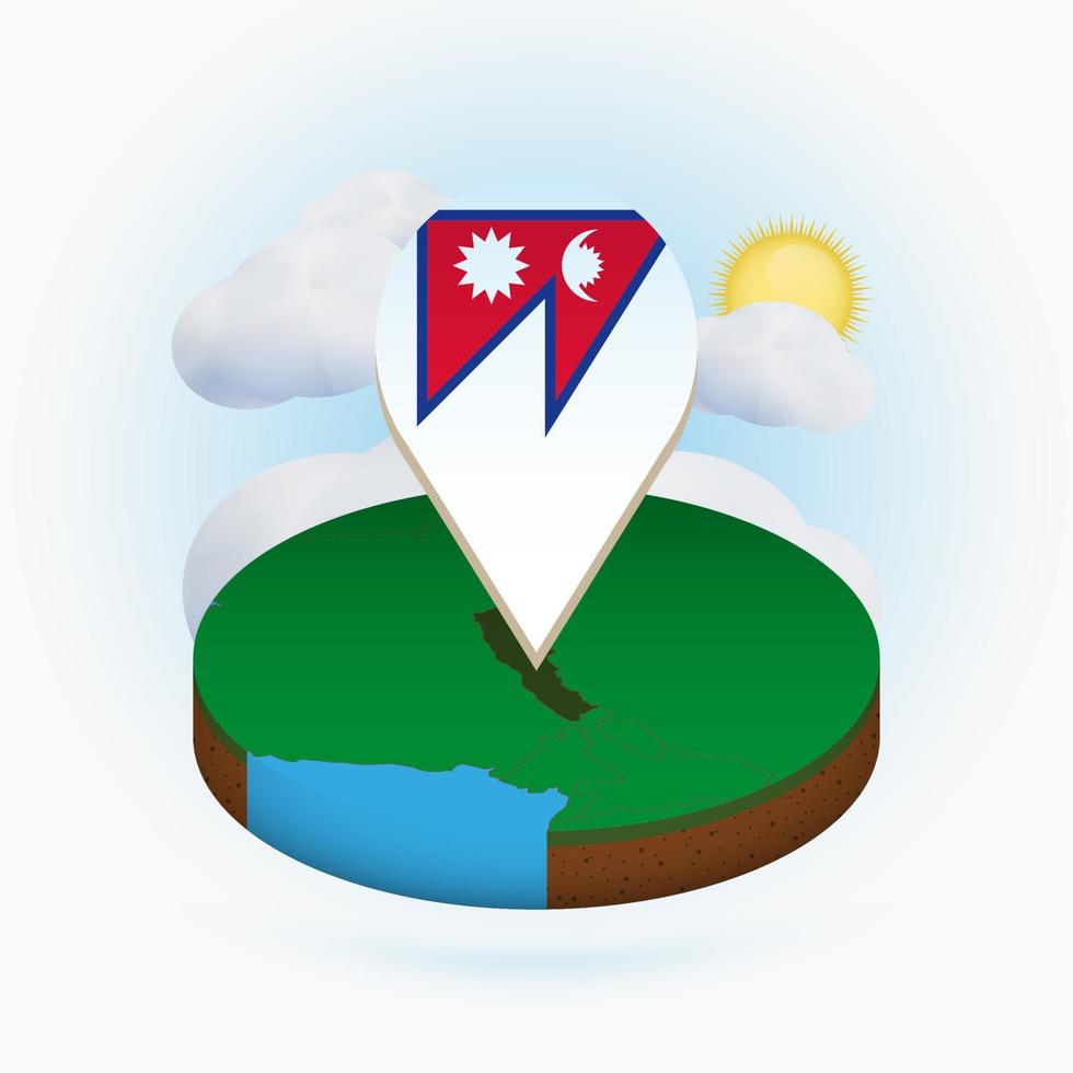 Isometric round map of Nepal and point marker with flag of Nepal. Cloud and sun on background. vector