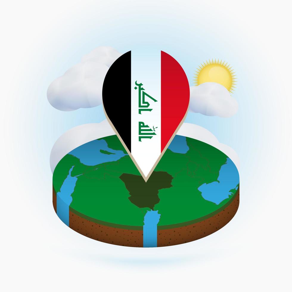 Isometric round map of Iraq and point marker with flag of Iraq. Cloud and sun on background. vector