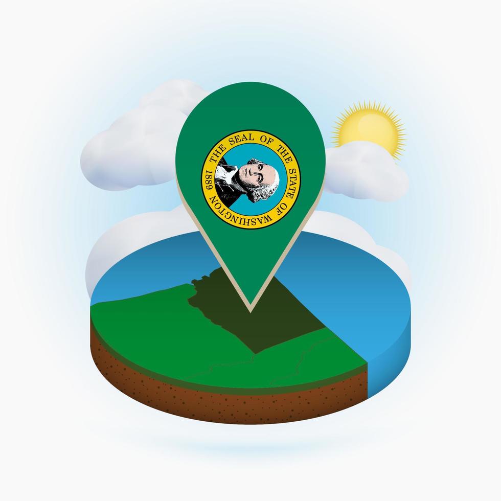 Isometric round map of US state Washington and point marker with flag of Washington. Cloud and sun on background. vector