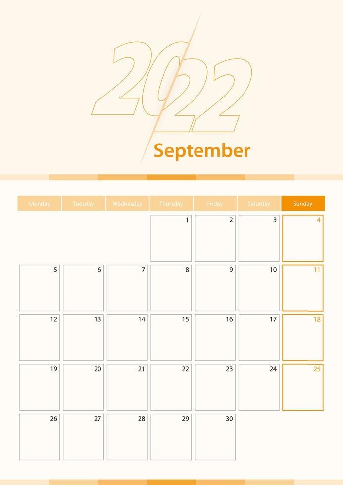 hoja de calendario vertical vectorial moderna para septiembre de 2022, planificador en inglés. vector