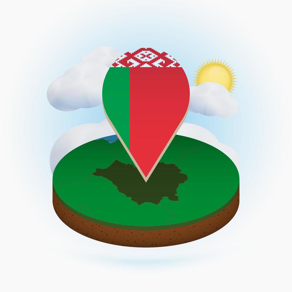 Isometric round map of Belarus and point marker with flag of Belarus. Cloud and sun on background. vector