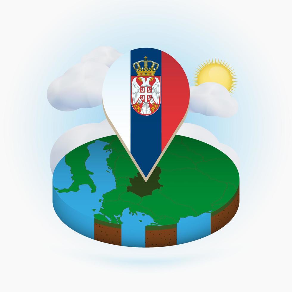 mapa redondo isométrico de serbia y marcador de puntos con bandera de serbia. nube y sol en el fondo. vector