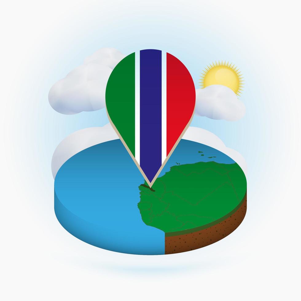 Isometric round map of Gambia and point marker with flag of Gambia. Cloud and sun on background. vector