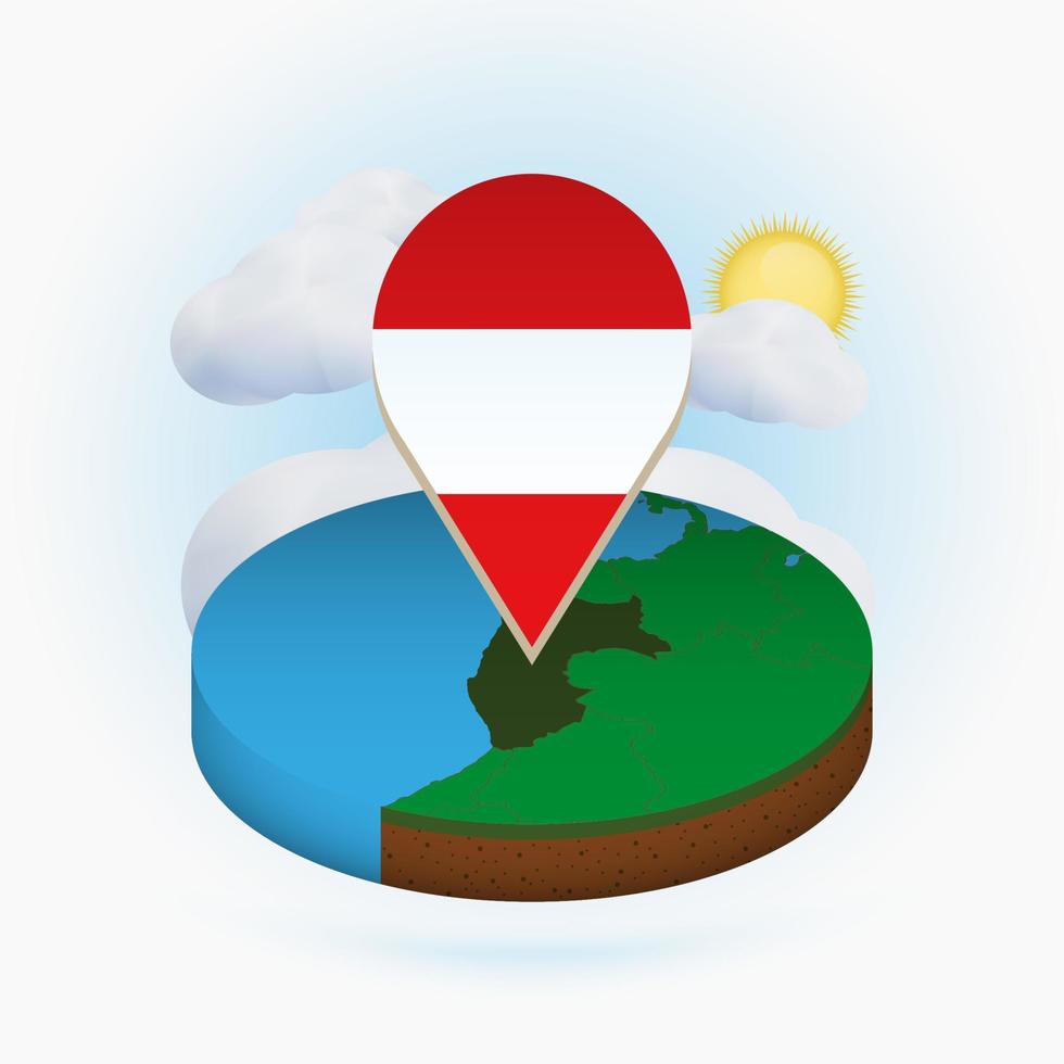 Isometric round map of Peru and point marker with flag of Peru. Cloud and sun on background. vector