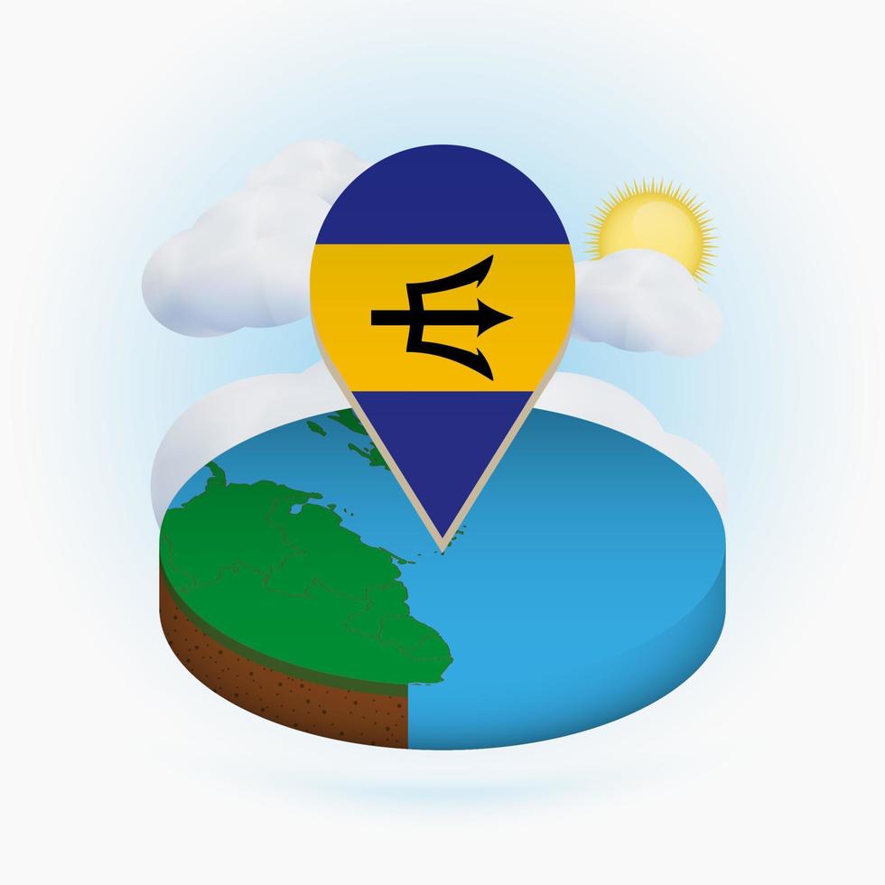 Isometric round map of Barbados and point marker with flag of Barbados. Cloud and sun on background. vector