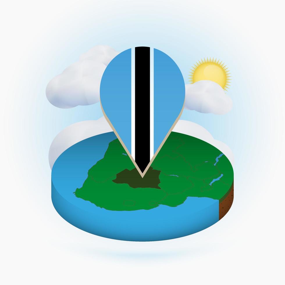 Isometric round map of Botswana and point marker with flag of Botswana. Cloud and sun on background. vector