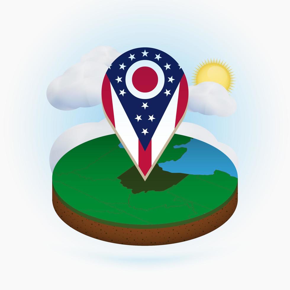 Isometric round map of US state Ohio and point marker with flag of Ohio. Cloud and sun on background. vector