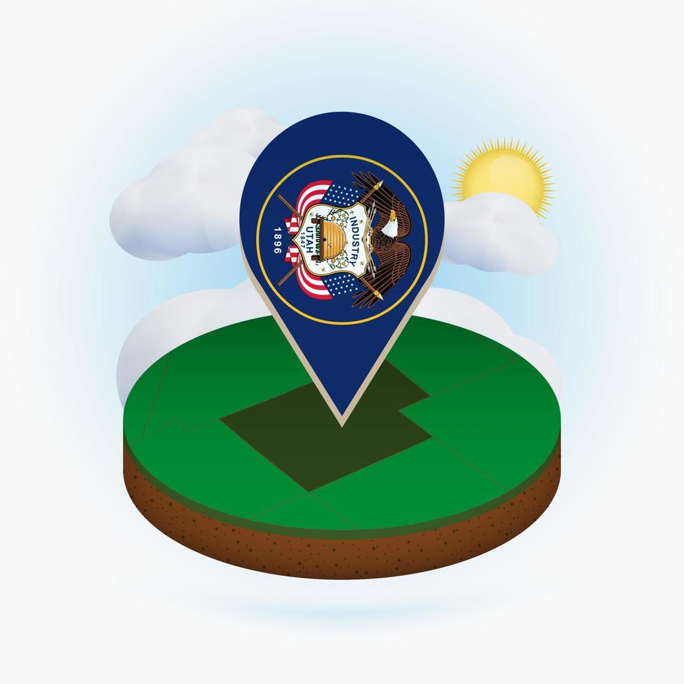 Isometric round map of US state Utah and point marker with flag of Utah. Cloud and sun on background. vector