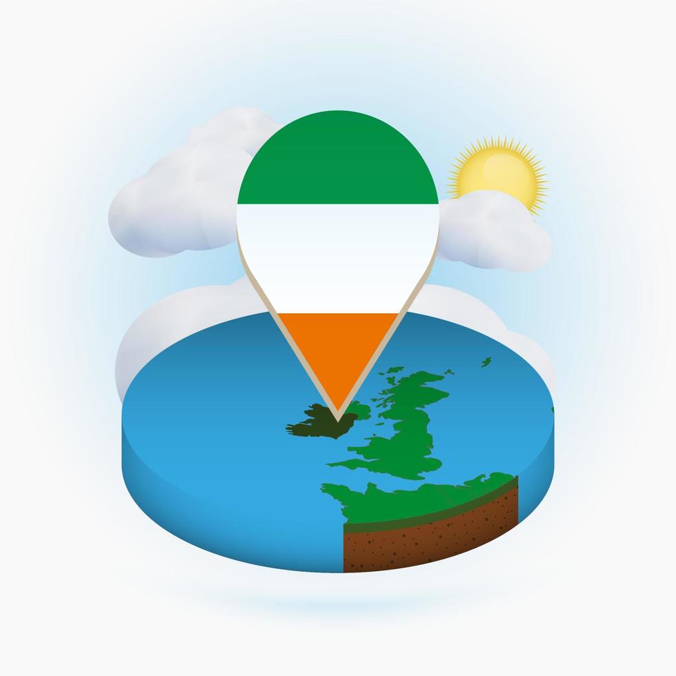 Isometric round map of Ireland and point marker with flag of Ireland. Cloud and sun on background. vector