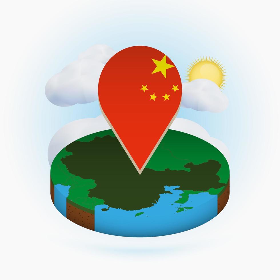 mapa redondo isométrico de china y marcador de puntos con bandera de china. nube y sol en el fondo. vector