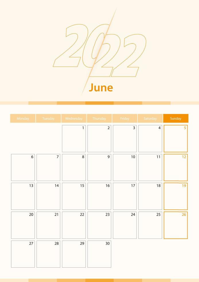 hoja de calendario vertical vectorial moderna para junio de 2022, planificador en inglés. vector