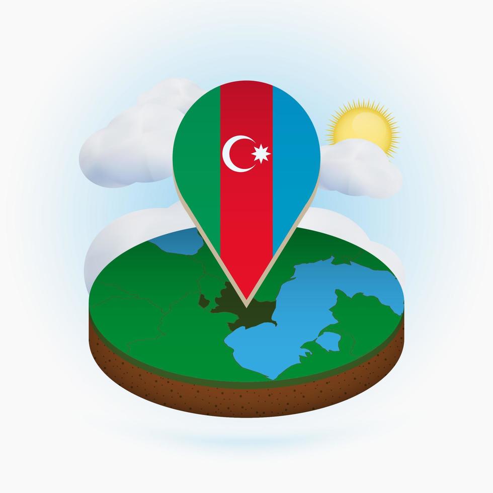 mapa redondo isométrico de azerbaiyán y marcador de puntos con bandera de azerbaiyán. nube y sol en el fondo. vector