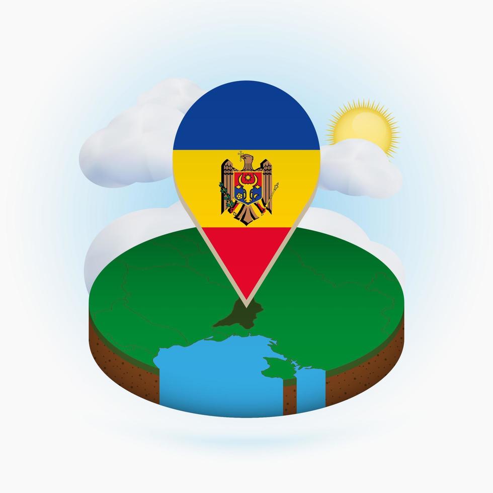 Isometric round map of Moldova and point marker with flag of Moldova. Cloud and sun on background. vector