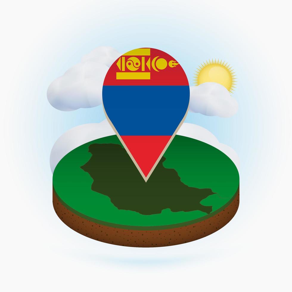 Isometric round map of Mongolia and point marker with flag of Mongolia. Cloud and sun on background. vector