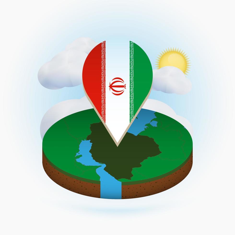 Isometric round map of Iran and point marker with flag of Iran. Cloud and sun on background. vector
