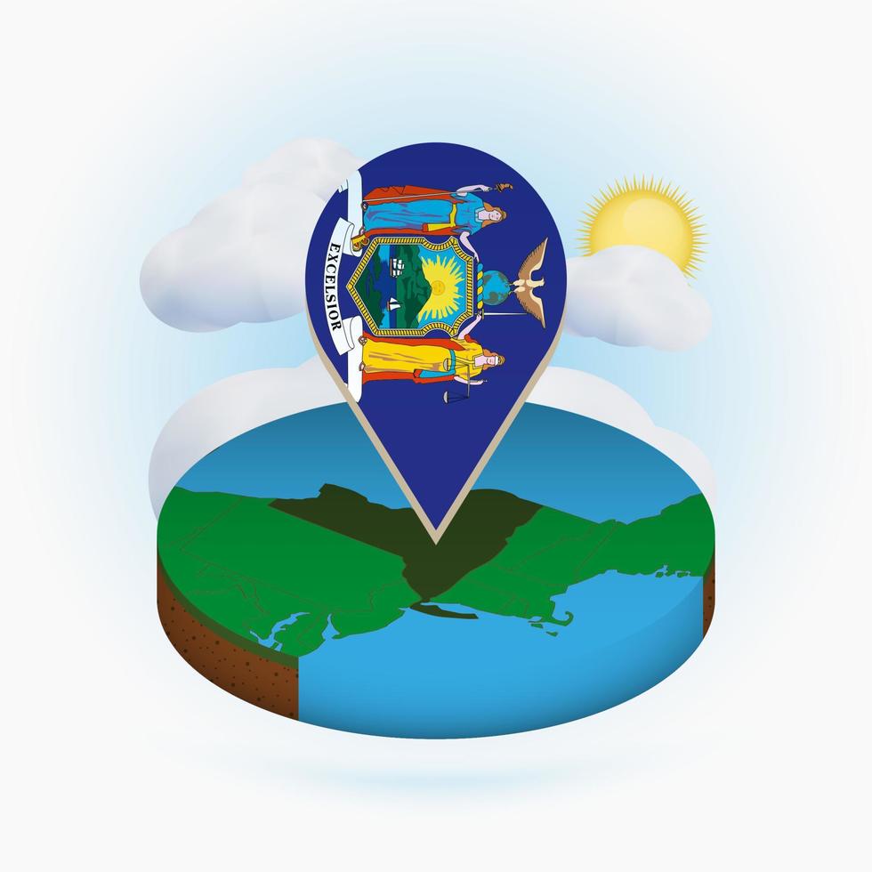 Isometric round map of US state New York and point marker with flag of New York. Cloud and sun on background. vector